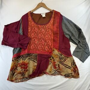 Midnight Velvet Whimsigoth Patchwork Blouse 1X Lace Floral Mixed Media Red Grey